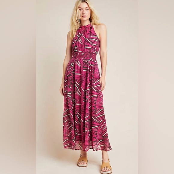 ANTHROPOLOGIE Maeve Kelli Halter Maxi Dress Pink Sleeveless Printed Size XS - Picture 1 of 14